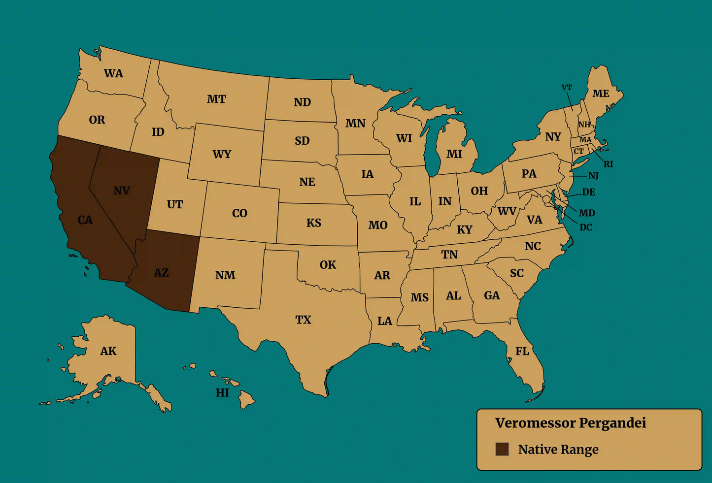 Veromessor Pergandei native range map.