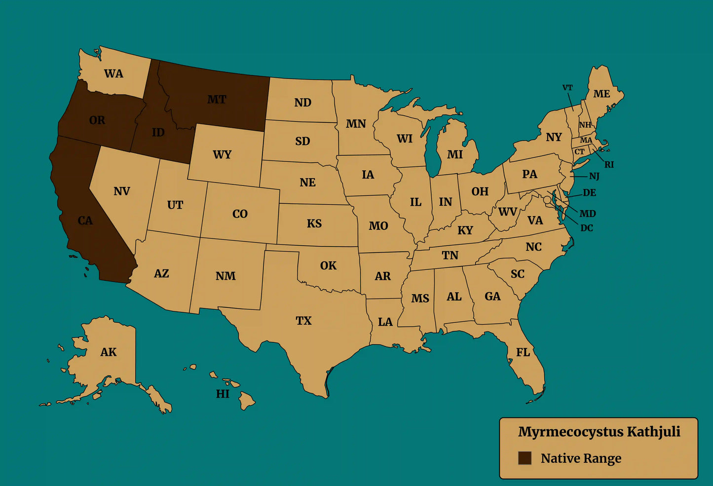 native range map of myrmecocystus kathjuli
