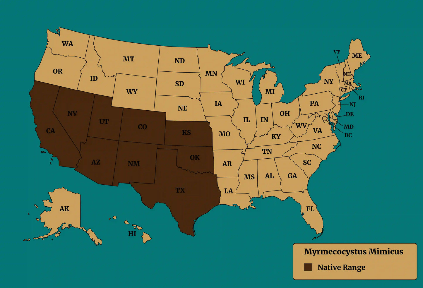 myrmecocystus mimicus native range map
