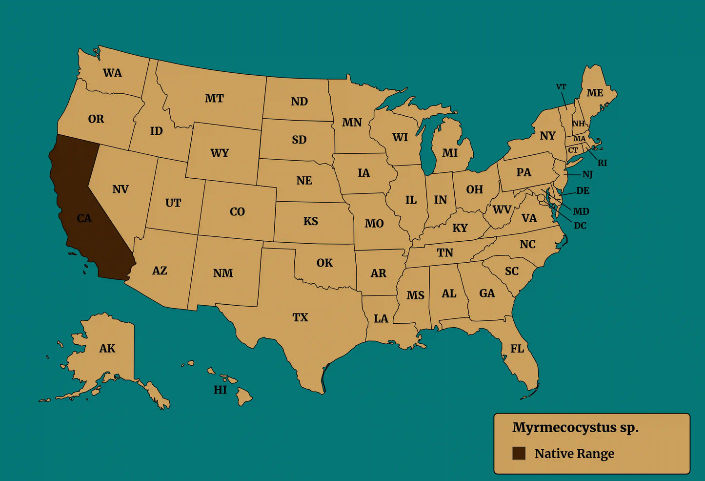 Range map of a California undescribed myrmecocystus species.