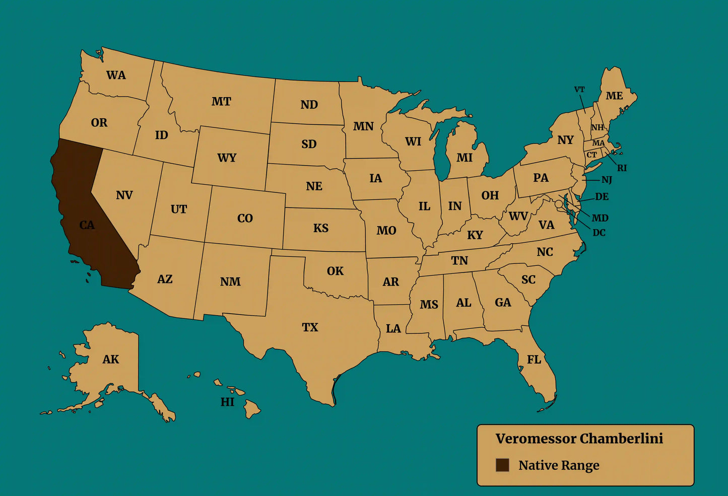 Native range map of veromessor chamberlini